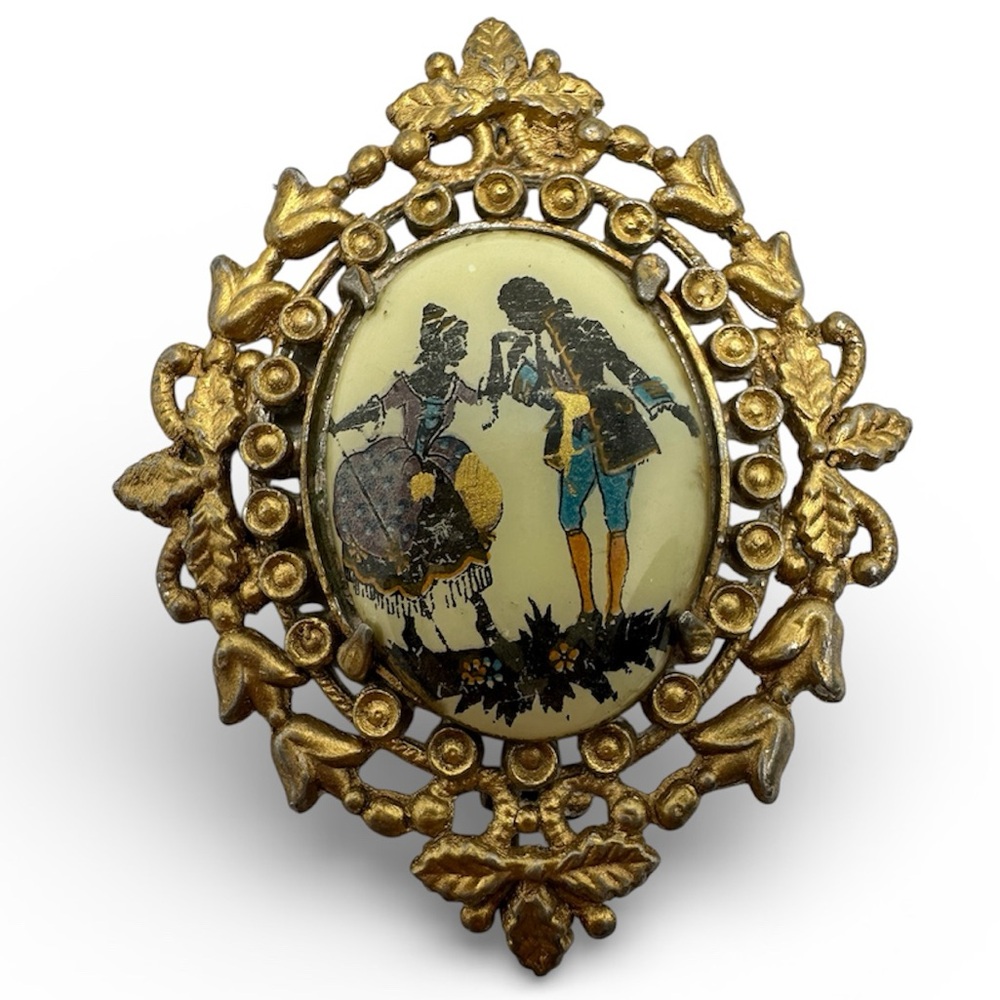 Vintage Handpainted Courting Couple Silouette Porcelain Brooch